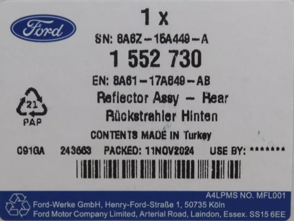 Reflektor Rückstrahler für Stoßfänger hinten rechts