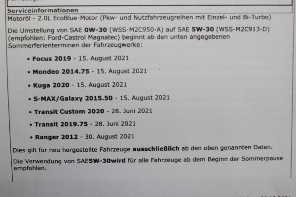 Inspektionskit 2,0 Diesel Ford Transit Heckantrieb