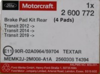 Vorschau: Bremsbeläge hinten Ford Transit - Tourneo - Custom Vorschau: Bremsbeläge hinten Ford Transit - Tourneo - Custom